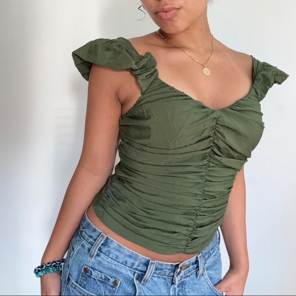 Gap Olive Green Ruched Smocked Women's Top